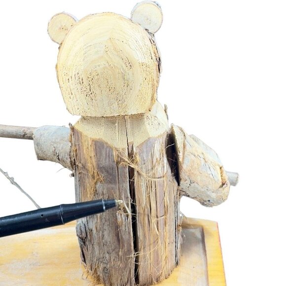 Folk Art Hand Made Wooden Bear Fishing Figurine With Attached Fish On A Boat VTG - Picture 12 of 13